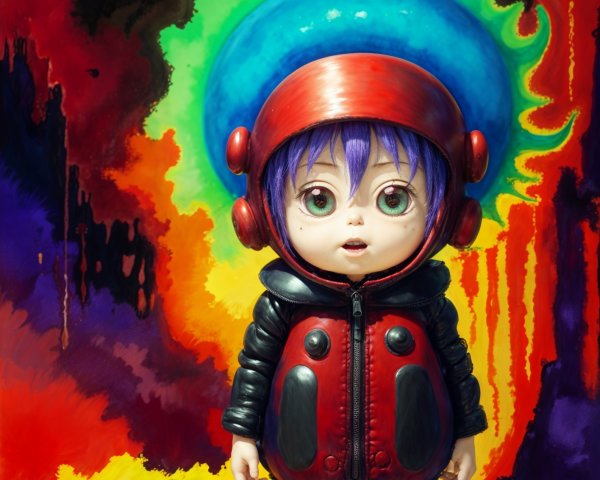 Whimsical Character with Vibrant Abstract Background