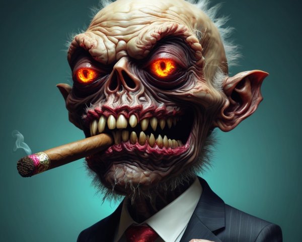 Skeletal Figure with Glowing Eyes and Dark Suit