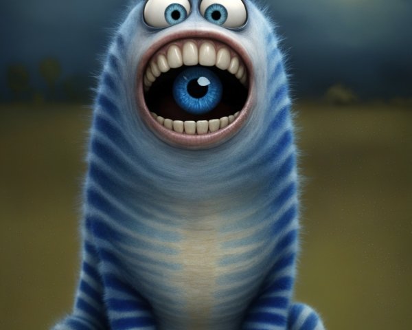 Cartoonish creature in a grassy field under moonlight