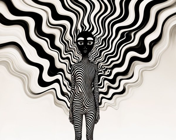 Surreal Figure in Black and White Stripes with Flowing Hair