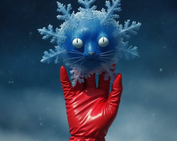 Disembodied hand holding blue cat head in snowy sky