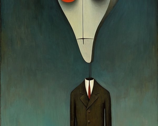 Surreal Figure in Black Suit Against Dark Background
