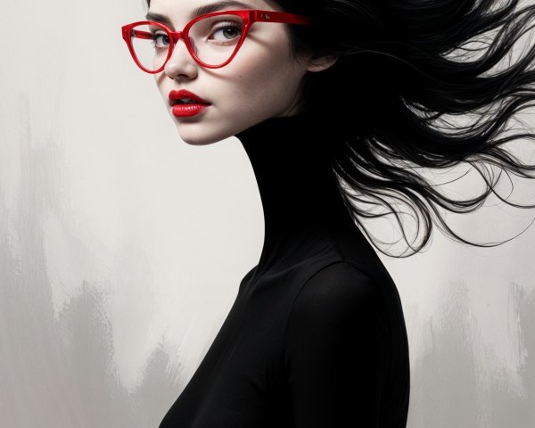 Portrait of a woman with black hair and red glasses