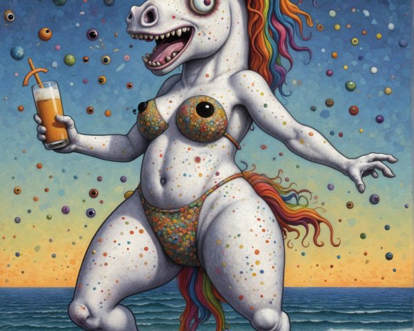 Whimsical Unicorn in Bikini on a Colorful Beach