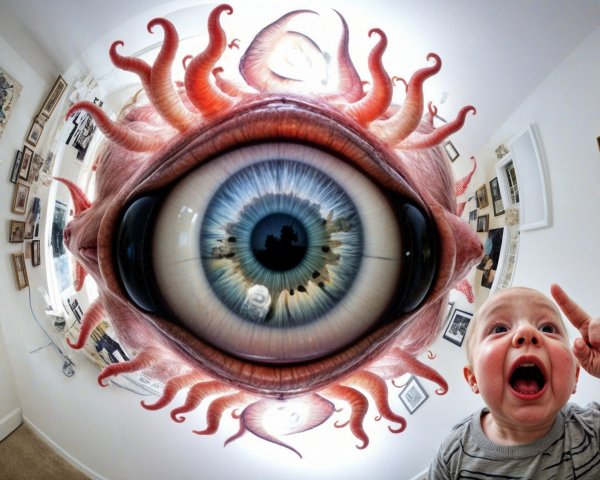 Surreal Room with Dominant Eye and Curious Baby