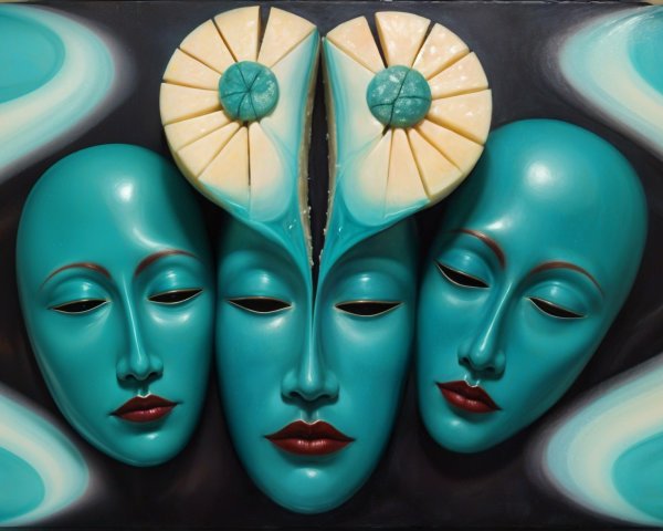 Turquoise Faces with Serene Expressions and Patterns