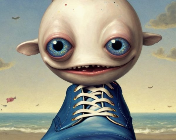 Whimsical creature in giant blue shoe at beach scene