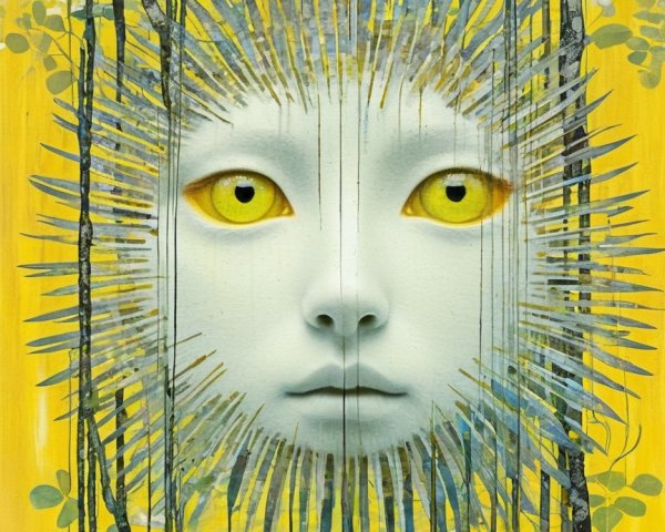 Surreal Face with Yellow Eyes and Spiky Halo Design