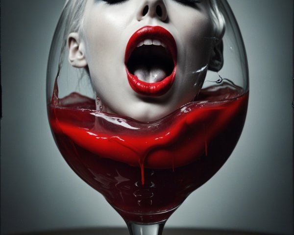Surreal Composition of Woman's Head in Red Liquid
