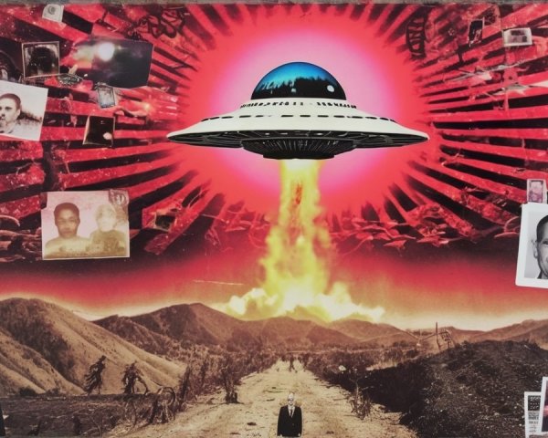 Surreal Collage of UFO in Fiery Red Sky Landscape