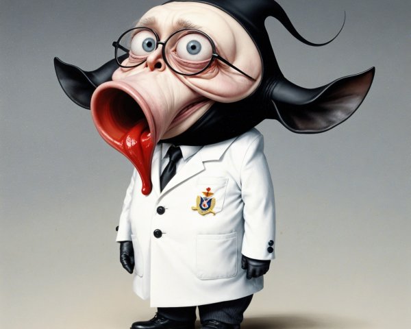 Cartoonish hybrid character in lab coat with glasses