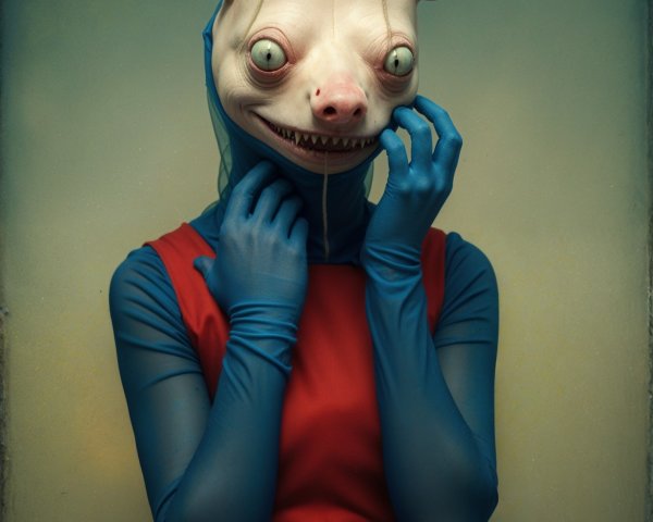 Humanoid Figure in Red Dress with Pig Mask