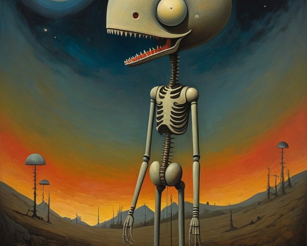 Surreal Landscape with Skeleton Figure and Whimsical Creatures