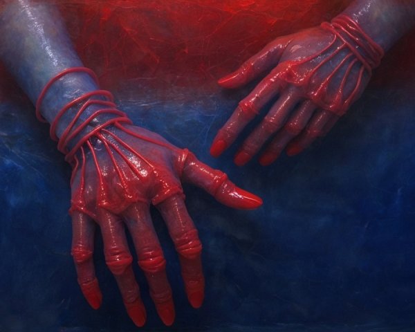 Surreal Red Hands with Elongated Fingers and Nails