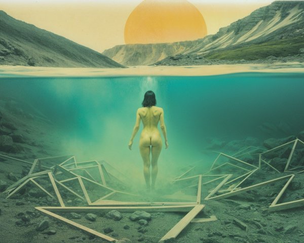 Surreal Scene of Woman by Turquoise Lake and Mountains