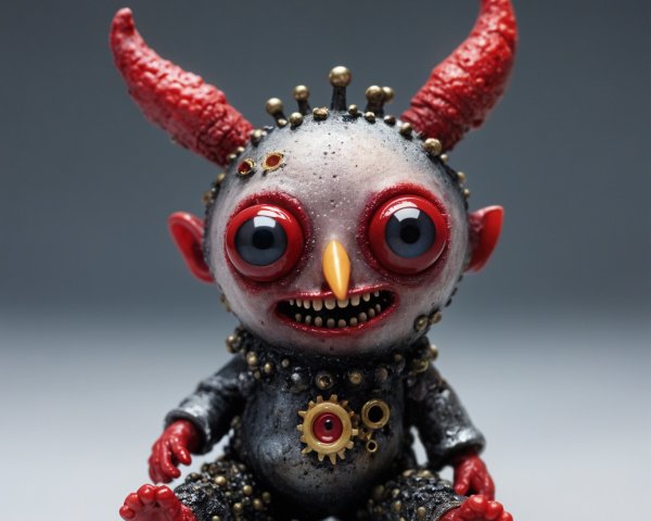 Whimsical creature with red skin and oversized eyes