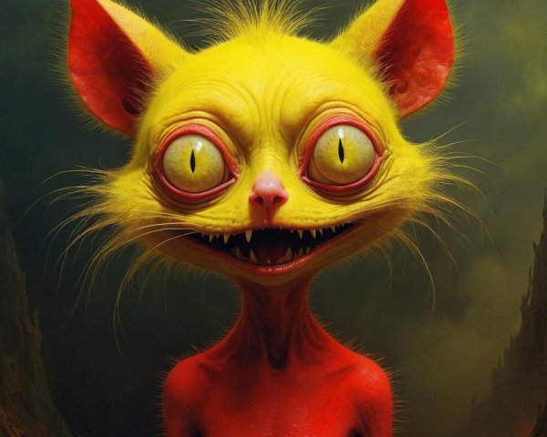 Surreal creature with bright yellow fur and red body
