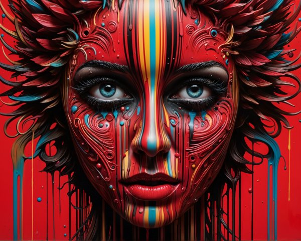 Vibrant Portrait of a Woman with Blue Eyes and Patterns
