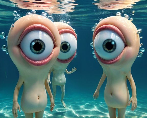 Cartoonish underwater creatures with large eyes and bubbles