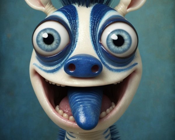 Cartoonish creature with blue stripes and playful expression