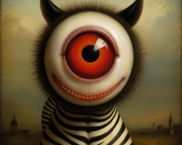 Whimsical creature in surreal landscape with large eye