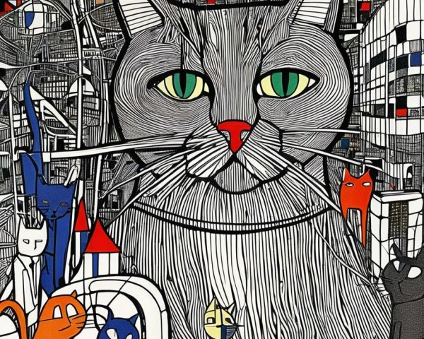 Illustration of a large gray cat with colorful companions