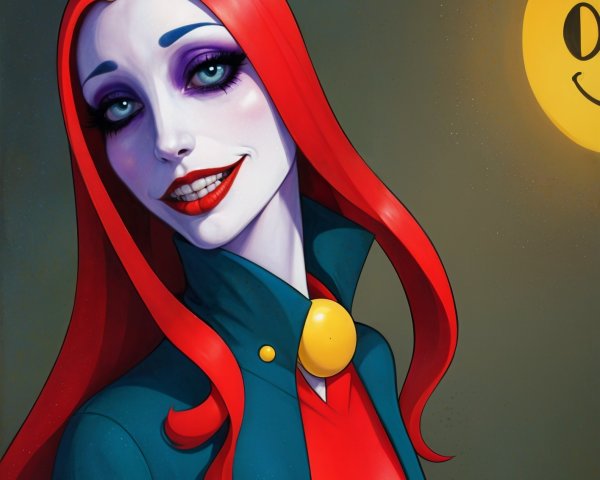 Whimsical character with red hair and unicorn horn