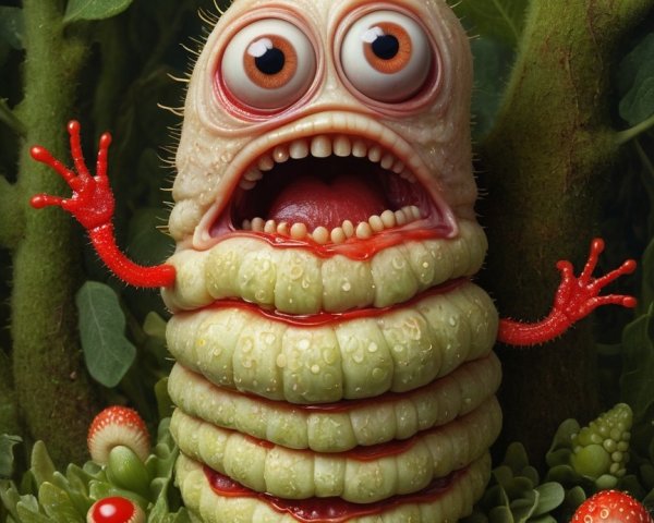 Cartoonish creature with vibrant green hues and berries