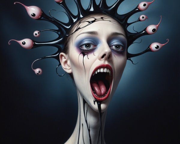Surreal Figure with Elongated Neck and Distorted Elements