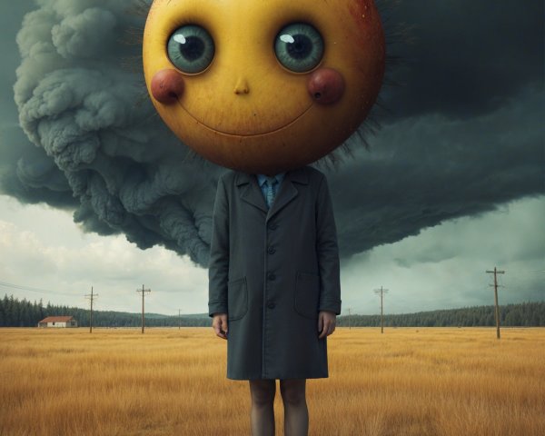 Surreal Scene of Figure in Golden Field with Stormy Sky