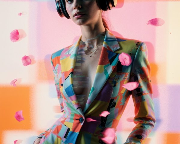 Colorful Figure in Patterned Suit with Headphones