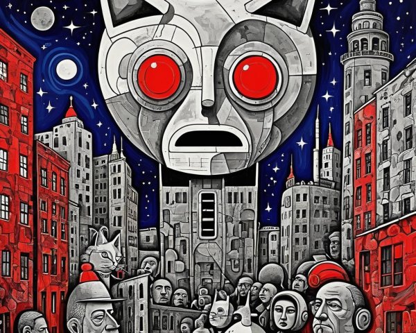 Surrealist Oil Painting of Dark Cubist Cityscape