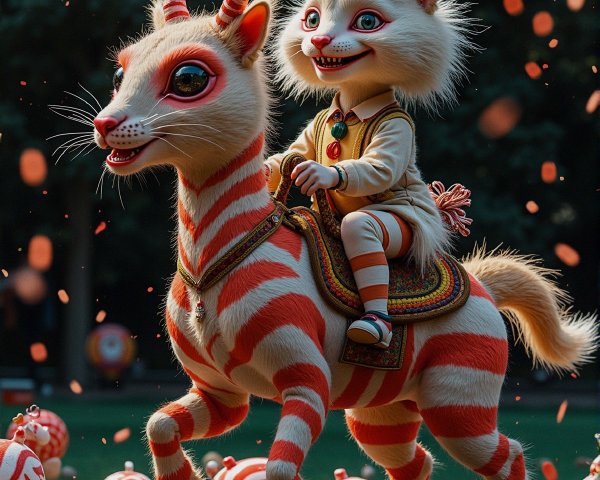 Whimsical Scene of a Creature Riding a Striped Goat