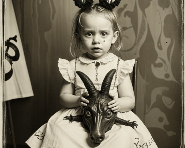 Young girl in white dress with dark accents and mask