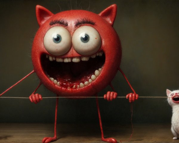 Whimsical Red Creature and Kitten in Dark Background