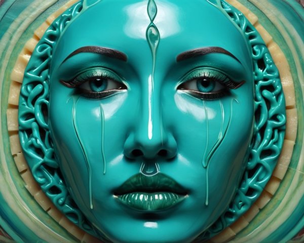 Turquoise-painted face with intricate details and patterns