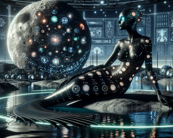 Futuristic mermaid by tranquil water with cosmic displays