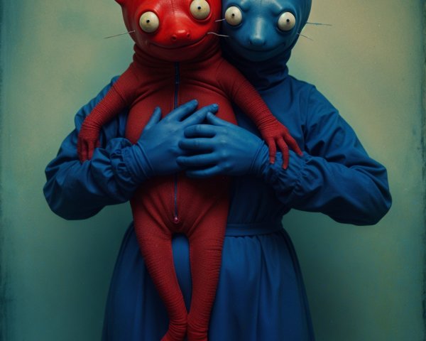 Surreal Scene with Figure and Cat-Like Doll