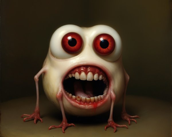 Surreal creature with grotesque face and sharp teeth