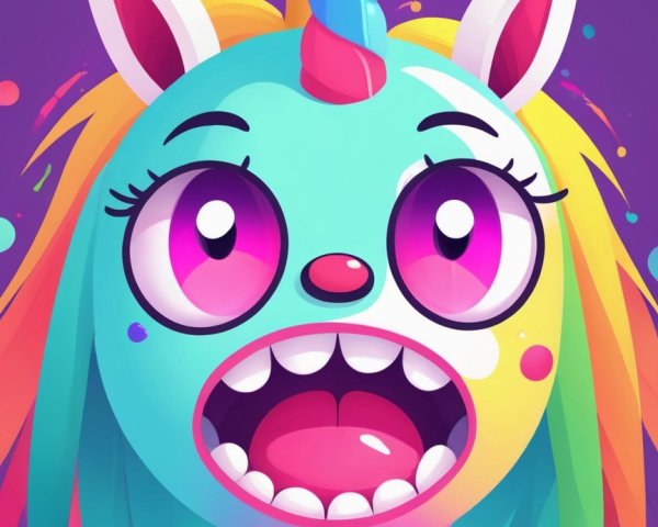 Cartoon Unicorn Character with Rainbow Mane and Purple Background