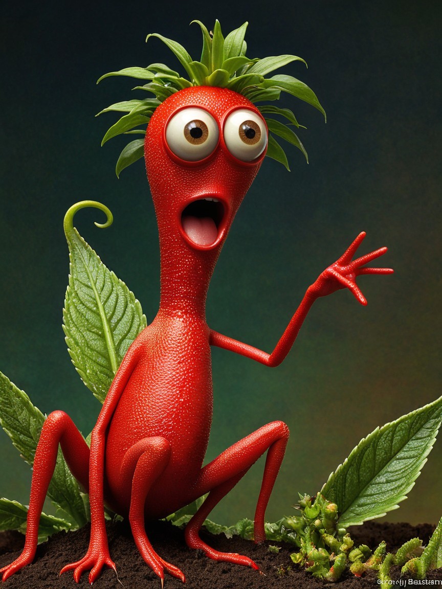 Whimsical Red Creature Amidst Green Leaves and Soil