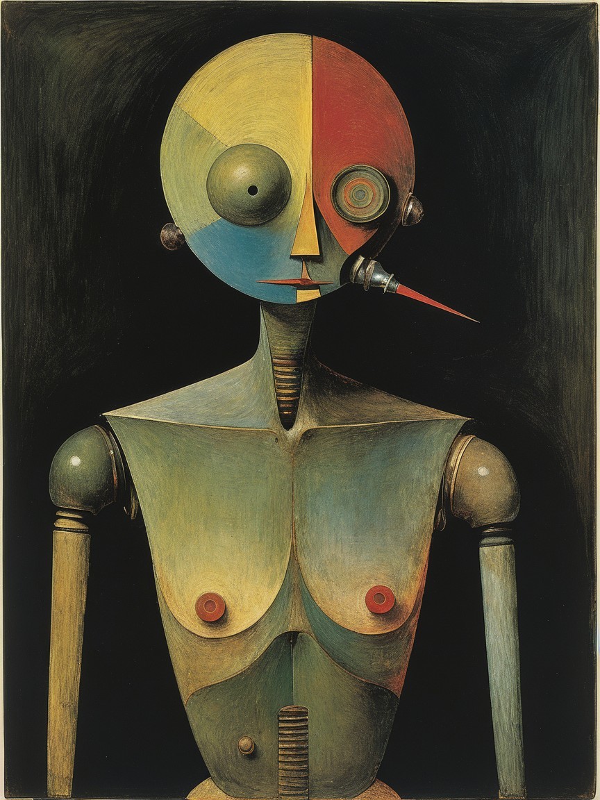 Stylized humanoid figure with geometric design elements