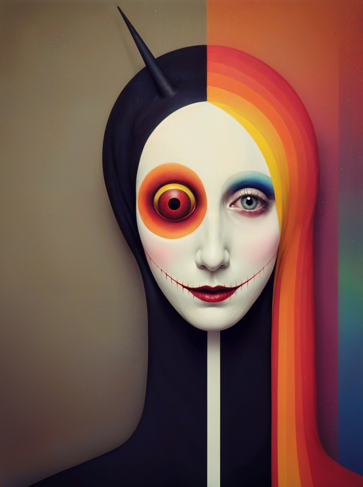 Surreal Figure with Split Face and Contrasting Features