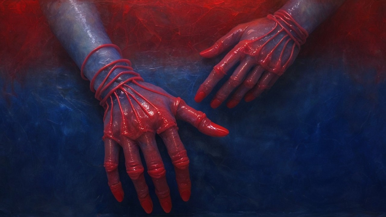 Surreal Red Hands with Elongated Fingers and Nails