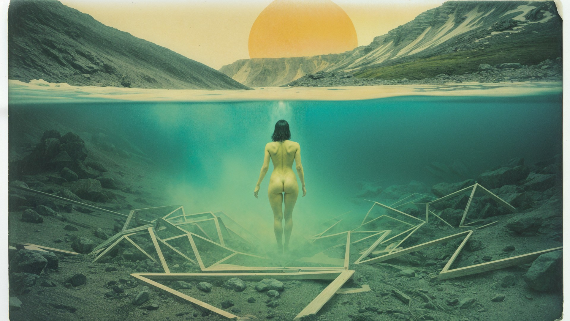 Surreal Scene of Woman by Turquoise Lake and Mountains