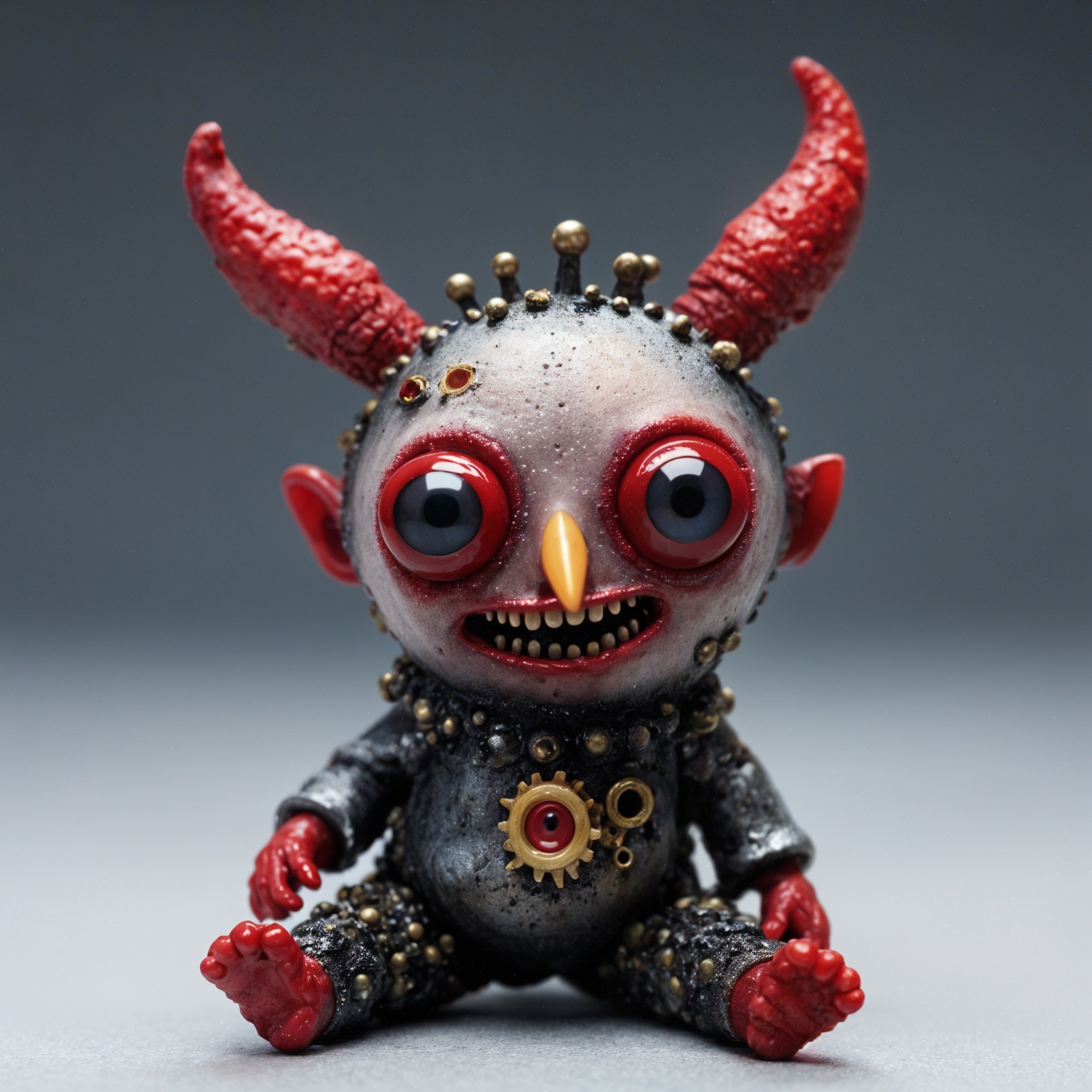 Whimsical creature with red skin and oversized eyes
