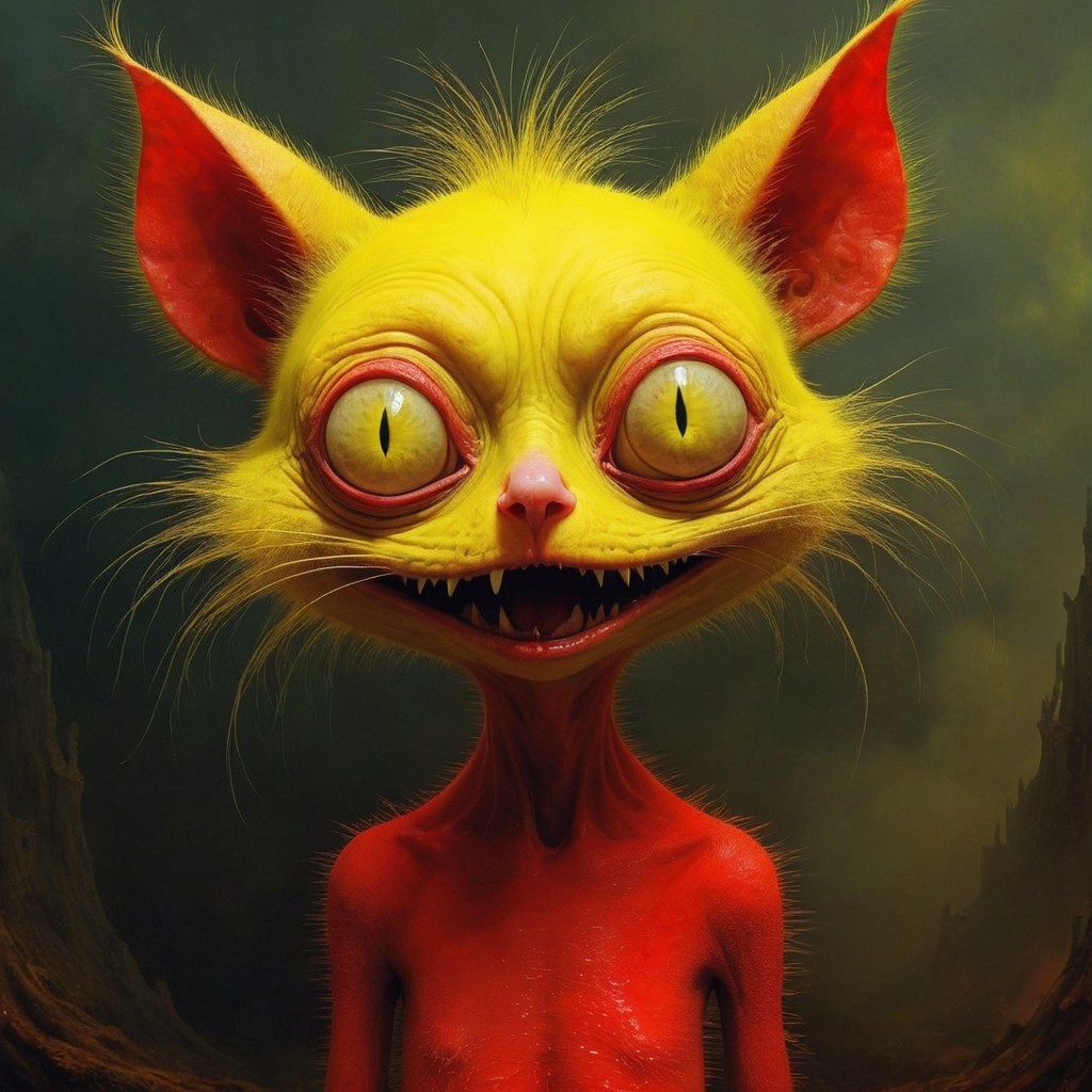 Surreal creature with bright yellow fur and red body