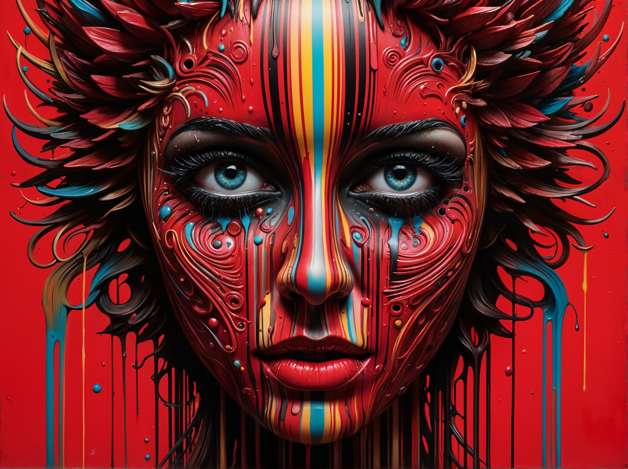 Vibrant Portrait of a Woman with Blue Eyes and Patterns