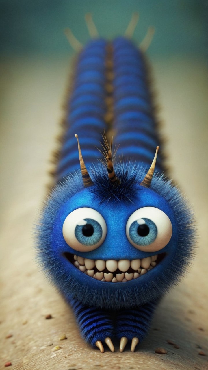 Whimsical Blue Caterpillar with Fluffy Texture and Eyes