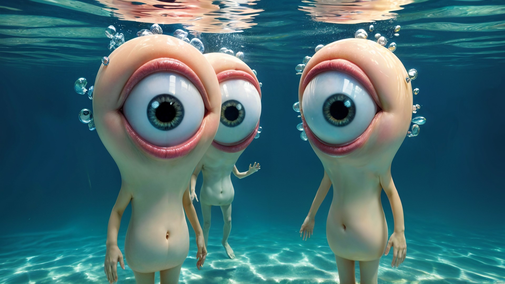 Cartoonish underwater creatures with large eyes and bubbles
